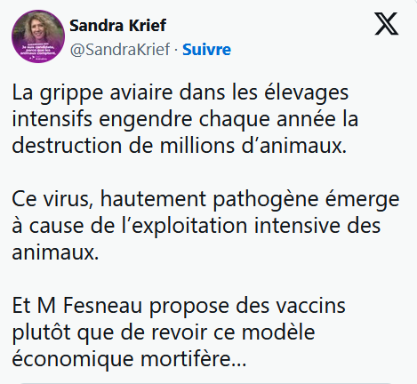 Lire la suite à propos de l’article Sandra Krief, grippe aviaire et vaccination (02/04/2024)